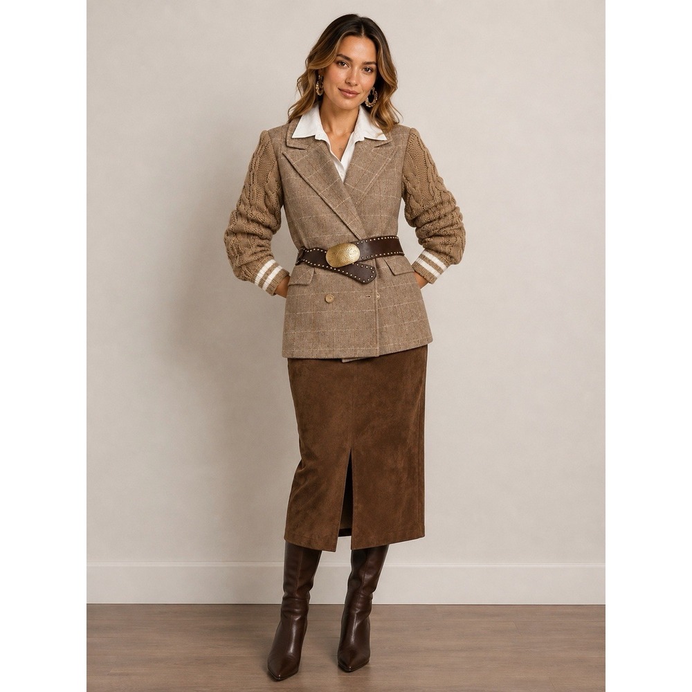 AVEC LES FILLES Double-Breasted Mixed Media Blazer XS Tan Wool Blend Jacket